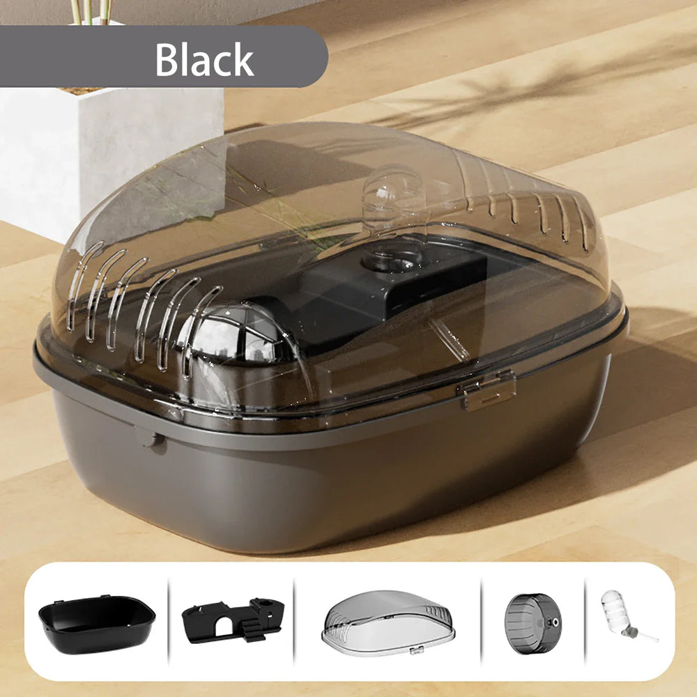 Transparent hamsterbur med löphjul och tillbehör
