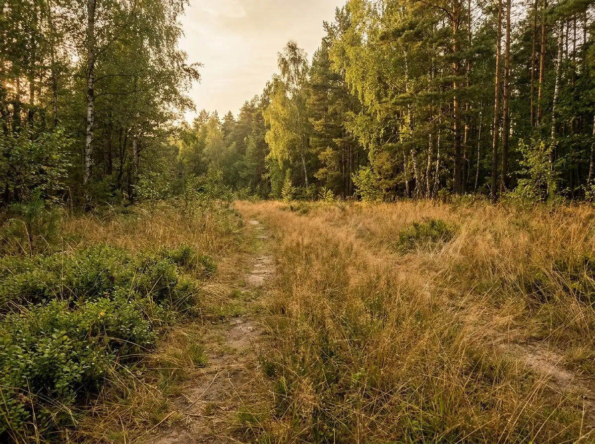 Solbelyst stig genom blandskog med björk, tall och högt torrt gräs